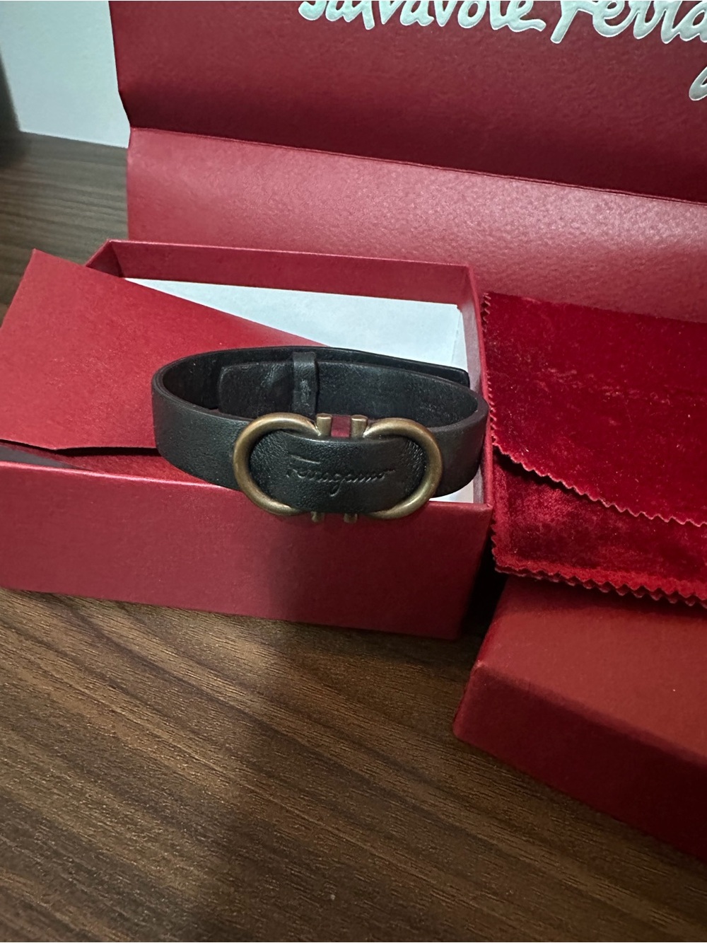 Salvatore Ferragamo Brown Leather Bracelet with Brass Double-Gancini